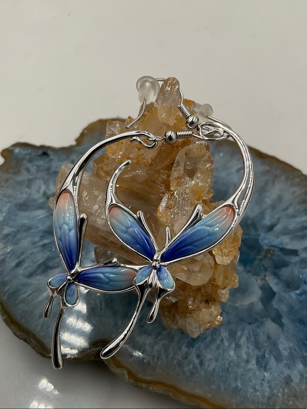 Vtg.Franz Breuning Signed Elegant PorcelainBlueFadeButterflyFrenchWire Earrings